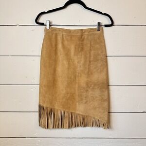 Vtg Newport News Leather Golden Chamois Suede Fringe Skirt 6 Western Festival